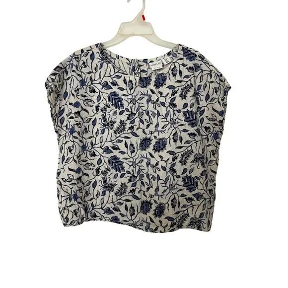 Rachel Zoe 100% Linen Button Back Top Size M Blue White Floral Boho Coastal - Picture 2 of 5